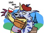 alcohol animal_skin anthro baguette beret beverage bread cigarette claws clothing eiffel_tower facial_hair food french hat headgear headwear horn male mustache shopping_bag smoking wine yellow_body bogswallop bandai_namco digimon digimon_(species) gabumon