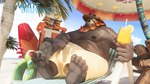 anthro barefoot beach beach_chair beach_umbrella belly bottomwear brown_body brown_fur clothing eyewear facial_scar feet fur hat headgear headwear male missing_eye moobs navel nipples overweight parasol pawpads scar shorts sitting solo straw_hat sunglasses swimwear whitebrowned_(artist) mihoyo zenless_zone_zero ben_bigger bear mammal 16:9 hi_res widescreen