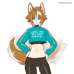 afterimage arms_bent arms_by_side awoo bangs blue_eyes bottomwear brown_body brown_fur brown_hair bulge clothed clothing crop_top fully_clothed fur hair hands_on_hips hands_on_own_hips long_sleeves looking_at_viewer male motion_blur motion_lines navel pants patreon_username shirt simple_background smile solo tail tail_motion tailwag text text_on_clothing text_on_shirt text_on_topwear text_print tight_clothing topwear touching_hip touching_own_hip white_body white_fur white_hair matemi genshin_impact mihoyo gorou_(genshin_impact) animal_humanoid canid canid_humanoid canine canine_humanoid humanoid mammal mammal_humanoid 2021 hi_res signature