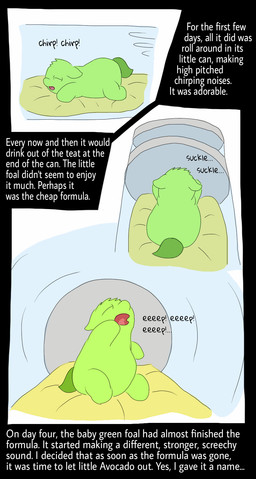 ambiguous_feral ambiguous_gender animal_noises chirping container eyes_closed feral fur green_body green_fur green_tail lying monotone_body monotone_fur neonate on_front open_mouth rear_view side_view sitting solo sucking tail text young young_ambiguous young_feral carpdime fluffy_pony avocado_(fluffy_pony) fluffy_pony_(species) mammal digital_media_(artwork) english_text hi_res