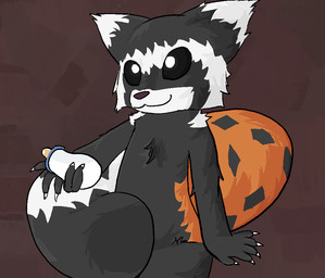 ambiguous_gender anthro baby_bottle black_body black_sclera bottle claws container fur holding_bottle holding_container holding_object markings multicolored_body multicolored_fur nude orange_markings semi-anthro simple_background smile solo tail white_body white_eyes beedy nimsy ictonychine mammal marbled_polecat mustelid musteline polecat_(mustelid) 2024 digital_media_(artwork)