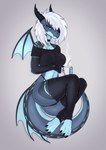 anthro blue_body blue_eyes breasts claws clothed clothing collar female hair horn looking_at_viewer membrane_(anatomy) membranous_wings simple_background smile solo tail white_hair wings unrealcereal mythology nira_(unrealcereal) dragon mythological_creature mythological_scalie scalie absurd_res digital_media_(artwork) hi_res