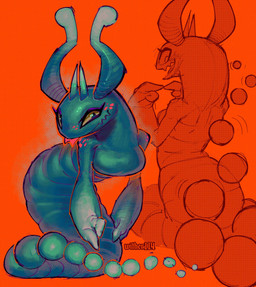 anthro apode blep blush breasts featureless_breasts female legless red_background segmented_tail semi-anthro serpentine simple_background solo tongue tongue_out wither114 big_blue_bubble my_singing_monsters monster xyster_(my_singing_monsters) hi_res signature