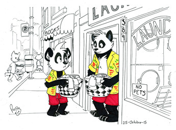 anthro basket bottomwear clothed clothing container glistening glistening_nose group head_tuft holding_basket holding_container holding_object laundry logo male male_anthro mouth_closed open_clothing open_topwear outside red_bottomwear red_clothing red_shorts shorts standing topwear tuft yellow_clothing yellow_topwear young young_anthro young_male pandapaco background_character parinton bear giant_panda mammal 2015 artist_logo dated partially_colored signature