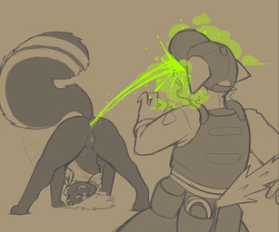 all_fours ambiguous_gender anarchy_symbol anthro anus ass_up baseball_cap belt black_body bodily_fluids bottomless bulletproof_vest butt clothed clothing cuff_(restraint) duo ear_piercing eyebrow_piercing eyes_closed facial_piercing fart feet female female/ambiguous genitals hair handcuffs hat headgear headwear jacket looking_back markings metal_cuffs nose_piercing nose_ring on_ground one_eye_closed open_mouth partially_clothed paws piercing police presenting presenting_hindquarters puffed_tail raised_hand raised_tail restraints ring_piercing short_hair skunk_spray skunk_tail smile smug standing startled striped_markings stripes tail toes topwear utility_belt vulva servopilot ivy_(servopilot) felid feline mammal mephitid skunk