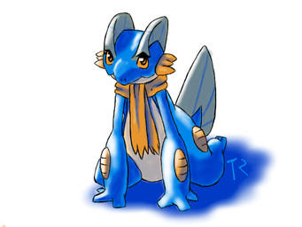 ambiguous_gender anthro blue_body brown_eyes brown_scarf brown_sclera scarf simple_background sitting sitting_on_ground solo white_background tediousramen nintendo pokemon generation_3_pokemon pokemon_(species) swampert 2011 digital_media_(artwork) oekaki signature tagme