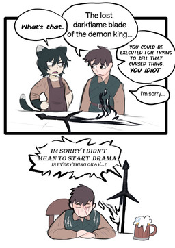 alcohol angry beer beverage female group male melee_weapon romantic romantic_couple scar speech_bubble sword text trio weapon japversus ounce_(japversus) wiss_(japversus) animal_humanoid cat_humanoid felid felid_humanoid feline feline_humanoid human humanoid mammal mammal_humanoid absurd_res hi_res