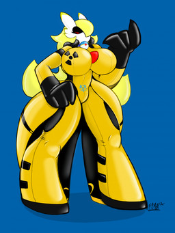 big_breasts black_latex blonde_hair blue_background breasts clothed clothed_female clothed_humanoid clothing collar dress drone female gas_mask hair hazard_symbol hazmat_suit huge_breasts latex latex_clothing latex_dress latex_skinsuit long_hair mask multicolored_clothing multicolored_skinsuit pokeball pokeball_collar radiation_symbol simple_background skinsuit solo symbol tight_clothing wearing_mask white_latex yellow_latex leftcoyo78 nintendo pokemon daffodil_squeaks_(character) gardevoir generation_3_pokemon humanoid pokemon_(species) 2026 hi_res