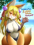 anthro beach bell bell_collar big_breasts bikini blush breasts clothed clothing collar female female_anthro fingers fur gesture hair kemono long_hair looking_at_viewer midriff navel outside seaside smile solo swimwear text tongue tongue_out two-piece_swimsuit waving waving_at_viewer white_body white_fur faroula komali_(faroula) canid canine fox mammal 2022 3:4 absurd_res english_text hi_res portrait three-quarter_portrait