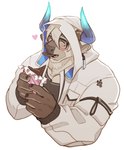 anthro bigfoot_(tas) blue_horn blush bovid bovine brown_body brown_fur candy cattle chocolate clothing curtis_wuedti dessert eating eyewear food fur glasses hair hi_res hoodie horn horn_jewelry horn_ring jewelry lifewonders male mammal ring_(jewelry) solo tokyo_afterschool_summoners topwear white_hair