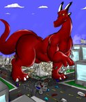 ambiguous_gender destruction feral footprint horn macro male outside quadruped red_body solo stomping tail thick_thighs vehicle_destruction bigshow mythology dragon mythological_creature mythological_scalie scalie rex_(disambiguation) hi_res