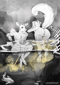 2_horns 4_toes 5_fingers all_fours animal_genitalia animal_penis anthro antlers anus back_wings balls bathing bathing_together biped blush blush_lines bodily_fluids breasts bubble butt cervine_genitalia cervine_penis claws closed_smile cloven_hooves crossed_arms cut_antlers duo eyelashes eyes_closed feathered_wings feathers feet female female_anthro female_peeing femboy finger_claws fingers flaccid fur genital_fluids genitals hair halo hooves horn hot_spring humanoid_genitalia humanoid_hands humanoid_vulva long_hair male male_anthro male_peeing medium_breasts mouth_closed nude nude_anthro nude_female nude_male onomatopoeia outside partially_submerged peeing peeing_into_water peeing_together peeing_underwater penis plantigrade raised_tail ripples rock sitting small_wings smile snout sound_effects steam tail text toe_claws toes unguligrade urine urine_stream vulva water watersports wet white_text wings lameboast ambient_fish ambient_sealife angel deer mammal rodent sciurid tree_squirrel 2025 artist_name character_request english_text hi_res restricted_palette