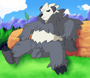 3_toes animal_genitalia anthro anthrofied balls biceps big_muscles biped black_nose black_sclera claws cloud empty_eyes eyes_closed feet foreskin fur genitals grass grey_body grey_fur half-erect hindpaw humanoid_genitalia humanoid_penis leaf log male muscular muscular_anthro muscular_male outside paws penis plant pokemorph sheath sitting sky solo spread_legs spreading sunny toe_claws toes wood conditional_dnp mabit nintendo pokemon bear generation_6_pokemon mammal pangoro pokemon_(species) 2013