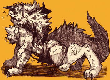 3_fingers abs all_fours amber_eyes anthro armor athletic athletic_male barazoku bodily_fluids claw_fingers claws clothed clothing fingers fluffy fluffy_tail fur gauntlets gloves hair handwear harness male melee_weapon muscular muscular_anthro muscular_male neck_tuft open_clothing open_shirt open_topwear pecs red_eyes saliva scar shirt solo spiky_hair standing suspenders sweat sword tail text topwear tuft unzipped unzipped_pants vest weapon yellow_eyes zipper jwbash league_of_legends nintendo pokemon pokemon_mystery_dungeon riot_games spike_chunsoft tencent kyoto_rex warwick_(lol) canid canine dusk_lycanroc generation_7_pokemon lycanroc mammal pokemon_(species) 2024 absurd_res character_name hatching_(art) hi_res meme monochrome shaded sketch sketch_page traditional_media_(artwork) watermark