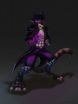 anthro beret bottomwear buckle chain clothing feet fire hat headgear headwear hindpaw horn male orange_eyes pants paws solo tail conditional_dnp sefeiren damien felid mammal