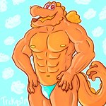 abs anthro biceps bikini blue_background clothing facial_hair fire glowing male muscular nipples orange_body pattern_background pecs quadriceps scales simple_background snout solo spiked_tail spikes spikes_(anatomy) standing swimwear tail triceps two-piece_swimsuit wings trick_rex mario_bros mythology nintendo charvaargh dragon mythological_creature mythological_scalie scalie 1:1 hi_res