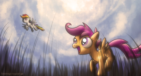 blue_body blue_feathers blue_fur detailed_background duo feathered_wings feathers female feral flying fur grass hair multicolored_hair open_mouth outside pink_eyes plant purple_eyes purple_hair quadruped rainbow_hair sky sun tail wings young young_feral fongsaunder friendship_is_magic hasbro my_little_pony mythology rainbow_dash_(mlp) scootaloo_(mlp) equid equine mammal mythological_creature mythological_equine pegasus 2011 hi_res