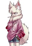 5_fingers anthro black_eyes black_nose cigarette clothing cowlick fingers fur hair hand_in_pocket inner_ear_fluff jewelry kemono male neck_tuft necklace pockets raised_arm shadow shirt simple_background smoking smoking_cigarette solo standing tan_body tan_fur topwear tuft white_background ffjjfjci li_donghuo_(ffjjfjci) canid canine mammal hi_res