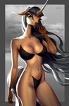 anthro bikini black_bikini black_clothing black_hair black_swimwear breasts brown_body brown_eyes brown_fur clothing eyebrow_through_hair eyebrows eyelashes female fur hair horn long_hair looking_at_viewer navel open_mouth solo swimwear translucent translucent_hair two-piece_swimsuit holivi mythology equid equine mammal mythological_creature mythological_equine unicorn 2022 absurd_res hi_res