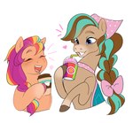 beverage blue_eyes choker duo female hair jewelry multicolored_hair necklace ponytail simple_background smile white_background aztrial hasbro mlp_g5 my_little_pony wild_manes cocoa_(wild_manes) sunny_starscout_(mlp) earth_pony equid equine horse mammal pony crossover hi_res