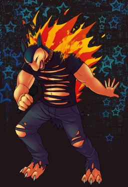 3_toes 5_fingers anthro biceps choker clothed clothing electronics feet fingers fire jewelry male microphone muscular muscular_anthro muscular_male necklace pattern_background rocking_out simple_background singing solo star-shaped_background star_polygon toes torn_clothing galaciabarton nintendo pokemon generation_2_pokemon pokemon_(species) typhlosion 2009 digital_media_(artwork)