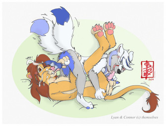 2_tails 69_position animal_genitalia animal_penis anthro balls blue_penis blush blush_lines bodily_fluids border canine_genitalia canine_penis cum cum_on_face cum_on_penis duo feline_genitalia feline_penis genital_fluids genitals hand_on_butt knot_tugging licking lying male male/male mane multi_tail on_back oral pawpads penis pink_nose pink_pawpads presenting sex tail tongue tongue_on_penis white_border fennec_(artist) connor_(azulupei) lyan canid canine canis felid feline lion mammal pantherine wolf