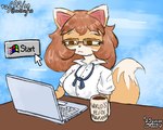 anthro brown_hair clothing computer container cup desk electronics eyewear female furniture glasses hair laptop mug neck_ribbon school_uniform solo table uniform aurum79 microsoft microsoft_windows windows_95 bully_fox canid canine fox mammal 5:4