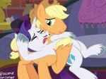 crossgender duo facial_hair fainted fainting fainting_couch feral furniture hooves horn male mustache on_model worried uniomie friendship_is_magic hasbro my_little_pony mythology applejack_(mlp) rarity_(mlp) earth_pony equid equine horse mammal mythological_creature mythological_equine pony unicorn