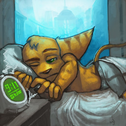 anthro bed big_ears biped boxers_(clothing) brown_nose clock clothed clothing detailed_background furniture green_eyes head_tuft inside lying male on_bed on_front one_eye_closed pillow reaching solo stripes tail tired toony topless tuft underwear ralcan ratchet_and_clank sony_corporation sony_interactive_entertainment ratchet_(ratchet_and_clank) lombax mammal 1:1 2010 detailed