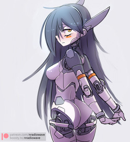 blush blushing_at_viewer chassis female grey_hair hair hands_behind_back looking_at_viewer looking_back machine mechanical_arm mechanical_leg solo standing stretching_arms text visible_joint yellow_eyes nradiowave runa_(torinyan) android humanoid robot robot_humanoid hi_res url