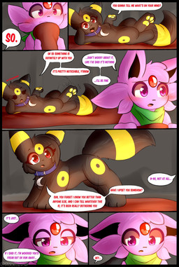 ambiguous_gender blue_collar blush collar dialogue duo green_scarf scarf speech_bubble text rockii nintendo pokemon eeveelution espeon generation_2_pokemon pokemon_(species) umbreon comic english_text hi_res female_(lore) male_(lore)