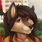 anthro bared_teeth black_hair close-up clothing fangs female grin hair jumpsuit looking_at_viewer red_eyes smile solo teeth whiskers tril-mizzrim the_sake_ninja canid canine fox mammal true_fox 1:1 2015 bust_portrait colored portrait