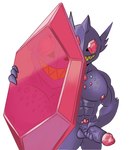 abs anthro anthrofied balls big_muscles crystal erection gem genitals glans grin holding_gem holding_object holding_penis humanoid_genitalia humanoid_penis looking_at_viewer male muscular muscular_male nipples nude penis pokemorph purple_balls purple_body purple_penis purple_skin red_eyes red_glans sharp_teeth simple_background smile solo standing teeth vein veiny_penis white_background ofstrial nintendo pokemon generation_6_pokemon mega_evolution mega_sableye pokemon_(species) 2021