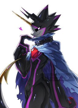 anthro black_body black_sclera blep cape clothing heart_symbol horn male nale slim small_waist solo standing stinger stinger_tail tail tongue tongue_out confeito000_333 scalie