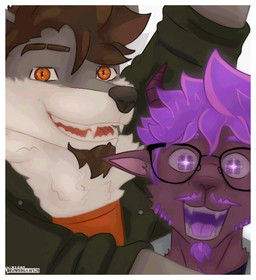 action_pose anchor anthro black_clothing black_shirt black_t-shirt black_topwear border brown_hair cheek_tuft clothed clothing coat duo ears_up eyebrow_slit eyebrows eyewear facial_hair facial_tuft fangs fluffy fully_clothed fur glasses goat_ears goatee grey_body grey_fur grey_raincoat hair horizontal_pupils horn hug jacket lights male mane open_mouth orange_clothing orange_eyes orange_shirt orange_t-shirt orange_topwear photo picture_frame pose posed pupils purple_eyes purple_hair raincoat raised_eyebrows sharp_teeth shirt short_male simple_background size_difference smile smiling_at_viewer snout star t-shirt taking_picture tall_male teeth topwear tuft white_background white_border brunisdraws brunis_(brunisdraws) redrich_(brunisdraws) bovid canid canine canis caprine hybrid mammal mexican_wolf sheep-goat wolf detailed hi_res shaded signature