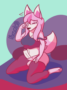 anthro big_breasts big_butt big_penis breasts bulge butt clothed clothing ear_flick erection fur genitals gynomorph hair intersex legwear long_hair panties penis pink_body pink_fur pink_hair simple_background solo stockings thick_thighs topwear underwear white_body white_fur nokamiwd brand_new_animal studio_trigger nazuna_hiwatashi canid canine fox mammal absurd_res hi_res