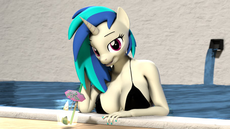 anthro beverage big_breasts bikini breasts cleavage clothed clothing female horn looking_at_viewer nipple_outline outside smile smiling_at_viewer solo swimming_pool swimwear two-piece_swimsuit rainium friendship_is_magic hasbro my_little_pony mythology vinyl_scratch_(mlp) equid equine mammal mythological_creature mythological_equine unicorn 16:9 3d_(artwork) digital_media_(artwork) hi_res source_filmmaker_(artwork) widescreen
