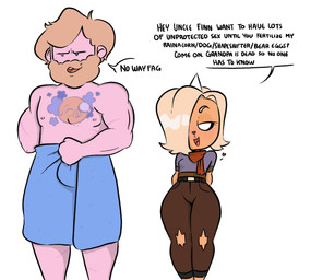 1_missing_limb amputee anthro beard blonde_hair bottomwear breasts bulge clothing dialogue disability duo facial_hair female flirting fur hair hair_over_eye half-closed_eyes hands_behind_back heart_symbol homophobic_slur horn huge_hips impregnation_request male missing_arm narrowed_eyes one_eye_obstructed scar scarf simple_background small_breasts smile standing stated_incest stated_relative tattoo text thick_thighs torn_bottomwear torn_clothing towel towel_only white_background wide_hips yellow_body yellow_fur toastiparty adventure_time cartoon_network no_way_fag bronwyn_(adventure_time) finn_the_human jake_the_dog bear canid canine canis domestic_dog human hybrid mammal rainicorn 2020 english_text hi_res meme portrait three-quarter_portrait niece_(lore) pseudo_incest_(lore) uncle_(lore) uncle_and_niece_(lore)