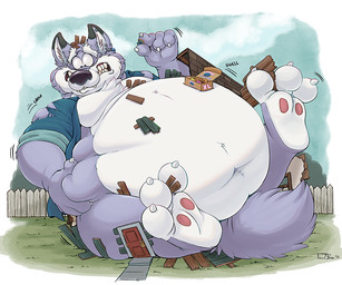 3_toes 4_fingers anthro belly big_belly biped black_nose blue_clothing blue_shirt blue_topwear body_size_growth border bottomless bottomless_anthro bottomless_male box building building_destruction cardboard cardboard_box claws clenched_teeth clothed clothed_anthro clothed_macro clothed_male clothing cloud container countershade_face countershade_feet countershade_fur countershade_torso countershading day dessert destruction detailed_background dipstick_ears door doughnut doughnut_box ear_markings ear_piercing ear_ring ear_stud eyebrows fangs feet fence finger_claws fingers food fur grass grey_body grey_ears grey_fur holding_doughnut holding_food holding_object huge_belly humanoid_hands inner_ear_fluff looking_down macro macro_anthro macro_male male male_anthro markings monotone_tail moobs multicolored_body multicolored_ears multicolored_fur navel obese obese_anthro obese_male onomatopoeia open_clothing open_shirt open_topwear outside overweight overweight_anthro overweight_male pastry pawpads piercing pink_pawpads plant plantigrade ring_piercing rolled_up_sleeves shirt shirt_only simple_background sitting size_transformation sky solo sound_effects tail teeth text three-quarter_view toe_claws toes toony topwear topwear_only torn_clothing torn_shirt torn_topwear transformation transformation_through_food tuft weight_gain white_background white_body white_border white_claws white_countershading white_eyebrows white_finger_claws white_fur white_inner_ear white_inner_ear_fluff white_toe_claws wood wood_fence worried yard teaselbone teaselbone_(character) canid canine canis mammal wolf 2019 digital_media_(artwork) english_text full-length_portrait portrait shaded signature
