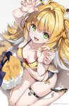 >:3 accessory animal_ears bell_legband bikini bow_ribbon breasts claw_pose clothing collarbone cute_fangs fangs female fluffy fluffy_tail footwear fur furgonomics green_eyes hair inner_ear_fluff looking_at_viewer navel open_mouth orange_hair ribbons sandals shoes sitting small_breasts solo striped_body striped_fur striped_hair stripes swimwear tail tail_accessory tail_bow tail_ribbon teeth tuft two-piece_swimsuit wariza white_hair hong_(white_spider) mihoyo zenless_zone_zero ju_fufu animal_humanoid felid felid_humanoid humanoid mammal mammal_humanoid pantherine pantherine_humanoid thiren tiger_humanoid hi_res signature
