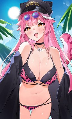 animal_print beach belly big_breasts bikini black_choker black_clothing black_coat black_hat black_headwear black_jewelry black_necklace black_topwear blue_sky blush breasts choker clothing cloud coat eyewear eyewear_on_head female hair hat headgear headwear jewelry leopard_print navel necklace palm_tree pink_bikini pink_clothing pink_hair pink_swimwear pink_tail plant silver_(metal) silver_jewelry silver_necklace sky solo sun sunglasses sunglasses_on_head swimwear tail topwear tree two-piece_swimsuit yellow_eyes hayate_fish raora_panthera animal_humanoid felid felid_humanoid humanoid mammal mammal_humanoid pantherine pantherine_humanoid absurd_res hi_res