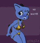 aged_down anthro bikini blue_body blue_fur blush breasts butt clitoris clothed clothing embarrassed female fur genitals gold_bikini navel nipples nude pussy simple_background solo surprise swimwear tail text thick_thighs two-piece_swimsuit wide_hips korsia cartoon_network golden_week the_amazing_world_of_gumball nicole_watterson domestic_cat felid feline felis mammal digital_media_(artwork) english_text hi_res