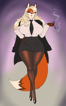 abstract_background anthro big_breasts blonde_hair blue_eyes bottomwear breasts brown_body brown_fur cigarette cigarette_holder clothed clothing collared_shirt colored_nails curvy_figure dipstick_ears dipstick_tail dress_shirt ear_markings eyelashes eyeshadow female footwear fur gloves_(marking) hair hand_on_hip high_heels huge_breasts jacket jacket_on_shoulders legwear lipstick makeup markings mature_anthro mature_female multicolored_body multicolored_ears multicolored_fur nails necktie orange_body orange_fur pantyhose red_lipstick ring_(jewelry) shirt shoes skirt smoke smoking solo tail tail_markings thick_thighs topwear two_tone_body two_tone_fur white_body white_fur wide_hips crovirus miss_valentine_(carsen) canid canine fox mammal red_fox true_fox absurd_res hi_res