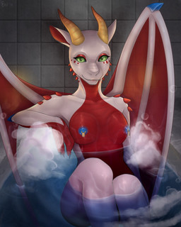 anthro bath blue_nipples breasts female horn legs_together looking_at_viewer membrane_(anatomy) membranous_wings nipple_piercing nipples non-mammal_breasts nude piercing smile solo wings esterr_(artist) mythology kylara_brightscale dragon mythological_creature mythological_scalie scalie 4:5 hi_res