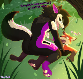 anthro bone collar collar_only dialogue dominant dominant_female duo environment female forced forest forest_background fur fur_markings glowing glowing_eyes grass imminent_sex leaf leash leash_pull leashed_collar looking_at_another male male/female markings nature nature_background nude on_bottom on_top pawpads paws pinned pinned_to_ground plant shrub skull skull_head tall_grass teeth text tongue tongue_out tree davyboi canid canine fox mammal skulldog_(species) absurd_res english_text hi_res
