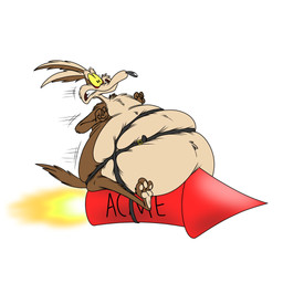 anthro belly belt belt_buckle big_belly brown_body brown_fur buckle fur grimace huge_belly male obese overweight pawpads paws riding_rocket rocket simple_background solo tan_body tan_fur tight_belt white_background yellow_sclera kylestudios acme looney_tunes warner_brothers wile_e._coyote canid canine canis coyote mammal 1:1 2019 hi_res