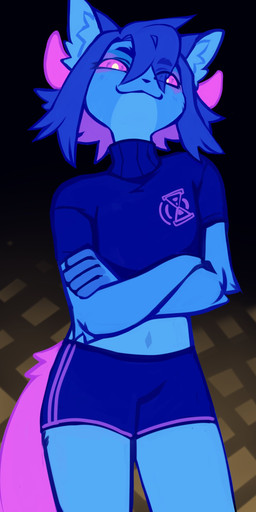 anthro arm_tuft blue_background blue_body bottomwear closed_smile clothed clothing crop_top crossed_arms elbow_tuft female front_view horn looking_at_viewer midriff mouth_closed navel pants shirt simple_background smile solo standing topwear tuft unsigned corzh77 corzh_(corzh77) felid mammal absurd_res hi_res portrait restricted_palette three-quarter_portrait