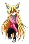 anthro black_clothing blonde_hair claws clothed clothing crouching female fur hair hoodie inner_ear_fluff legwear long_hair looking_at_viewer pink_clothing purple_claws purple_eyes simple_background solo thigh_highs topwear tuft white_background white_body white_fur yellow_body yellow_fur nikku_lunatique ouko_furinji canid canine canis fox mammal hi_res