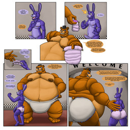 abdl anthro belly big_butt blue_eyes blush bow_tie brown_body butt diaper duo erection genitals glans male male/male moobs nipples nude overweight overweight_male penis purple_body restaurant size_difference text wolfgerlion64 five_nights_at_freddy's scottgames bonnie_(fnaf) freddy_(fnaf) bear lagomorph leporid mammal rabbit 1:1 absurd_res comic english_text hi_res