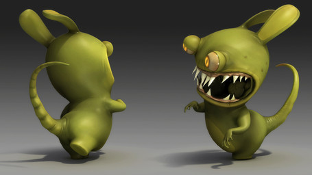 5_fingers ambiguous_anthro ambiguous_gender anthro arms_bent brown_gums featureless_legs fingers gradient_background green_body green_skin green_tail grey_background gums lidded_eyes light long_ears long_tail noseless on_one_leg open_mouth orange_eyes pupils sharp_teeth short_legs simple_background slit_pupils solo standing tail tan_sclera teeth turnaround guillaume_arvieu attack_of_the_killer_rabbids_from_outer_space raving_rabbids rayman_(series) ubisoft killer_freak lagomorph mammal rabbid 2010 3d_(artwork) colored digital_media_(artwork) hi_res lighting official_art shaded